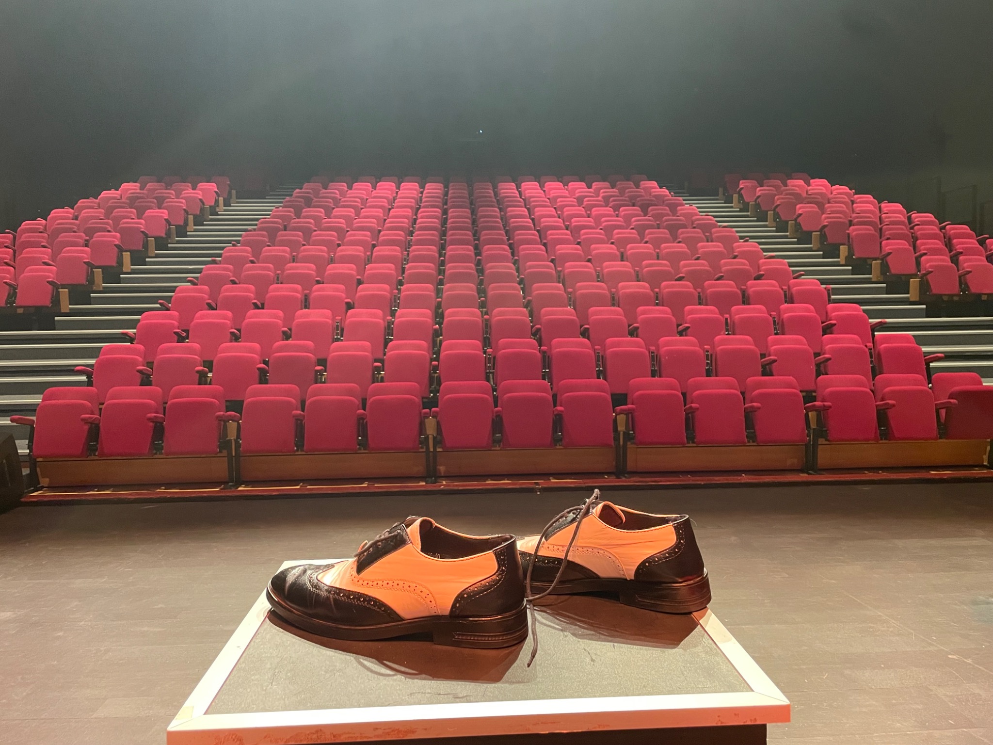 Chaussures de scène au premier plan devant les fauteuils rouges d’une salle de spectacle